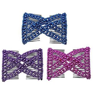 LOVEF 3 stuks paardenstaart, comfortabele kam, haarkam is perfect voor gemakkelijke paardenstaarten, updos en twists, haaraccessoire met dubbele kammen met kralen, blauw lichtblauw paars roze roze,