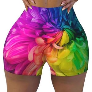 ELRoal Dames sport elastische shorts mooie regenboog bloemen chrysanten afdrukken vrouwen workout shorts ademend en sneldrogend yoga shorts, Zwart, L-3XL Short