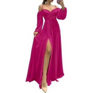 Off-shoulder bruidsmeisjesjurken lange mouwen spaghettibandjes Empire taille met split formele bruiloft gast jurk, roze (hot pink), 38