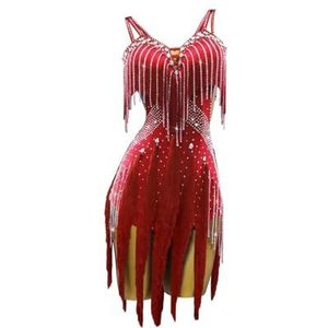 Yhwacyznm Jurken voor Latijns-Amerikaanse danswedstrijden Danskleding voor rumba en samba Dameskleding met open rug en professionele balzaal Chacha-voorstellingskostuum met buiskralen,Rood,L