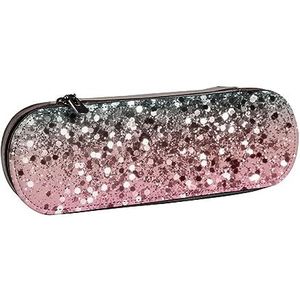 BONDIJ Roze Glitter Gedrukt Lederen Potlood Pouch, Grote Capaciteit Pen Zakken Leuke Etui Cosmetische Organizer Tas met Rits, Roze Glitter, Eén maat, Munten Pouch