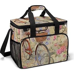 Vintage Rozen Vogels En Fiets Grappige Koeltas Opvouwbare Draagbare Geïsoleerde Zakken Lunch Tote Tas Met Meerdere Zakken Voor Strand, Picknick, Camping, Werk