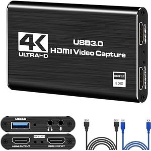 4K HDMI Video Capture Card, USB3.0 1080p 60FPS Video Recorder, Nintendo Switch Capture Card voor streaming gaming en uitzending, werkt met Xbox Series X/S, Xbox One X/S, PS4, OBS (zwart)