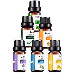 10 ml x 6 Pieces of Oil, Oils Set, Peppermint Eucalyptus Lemongrass Orange Lavender Tea Tree 100 Natural Oils Set for Diffusers Candles Massage and Bathtubs