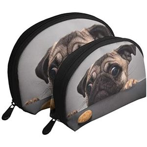 OTRAHCSD Make-uptas, schattige mopshond 2-pack cosmetische tas, draagbare ritszakje toilettas voor vrouwen, Schattig Knuffel Hond, Eén maat