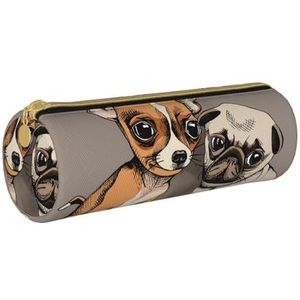 YWSOTRE Chihuahua Bulldog Leuke Mopshond Huisdier Vrienden Puppy Beige, Potlood Pouch Cilindrische Pen Case Draagbare Lederen Potlood Tas met Rits Cosmetische Pouch Tas, zoals afgebeeld, Eén maat, Tas