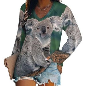 Leuke Koala Beer Dames Lange Mouw V-hals T-shirts Herfst Tops Trui Tuniek Tee voor Leggings