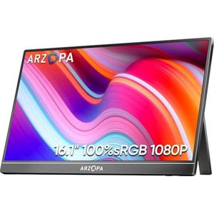 ARZOPA 16.0"" 2.5K draagbare monitor, 2560x1600 HDR-scherm, 500nits 8bit QHD, USB-C HDMI draagbare monitor voor laptop, 16:10 IPS, unipolaire ondersteuning voor Mac PC PS4/5 Xbox Switch