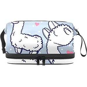 Make-up tas - grote capaciteit reizen cosmetische tas, cartoon witte alpaca's roze hart, Meerkleurig, 27x15x14 cm/10.6x5.9x5.5 in
