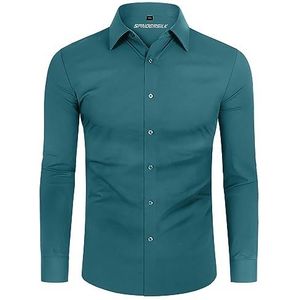 DEMEANOR Overhemd Heren Stretch Lange Mouwen Vrijetijdshemd Slim Fit Zakelijk Strijkvrij, Turquoise, XL