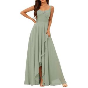 Chiffon bruidsmeisjesjurken voor dames, met split, lange baljurken, cocktailjurken, grote maten, Sage Groen, 32