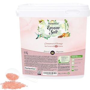 Nortembio Epsomzout 100% Geur Kaneel & Sinaasappel 6 kg – Natuurlijke Bron van Magnesium | Met Hydraterende Vitamine C en E | Voor Ontspanningsbaden, Spa en Huidverzorging + Gratis E-Book