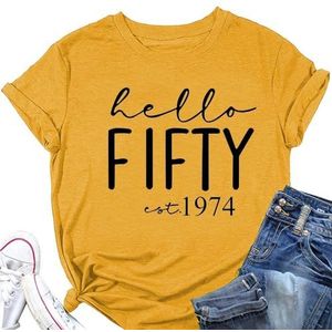 Hello Fifty Est 1974 Vrouwen Shirt 50e Verjaardagscadeau Tops Zomer Grappige Brief Print Tees Korte Mouw Retro T-shirts, Geel, XXL