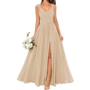 WSEYU Chiffon bruidsmeisjesjurk voor dames, met split, galajurken, plooien, cocktailjurk, grote maten, Champagne, 32