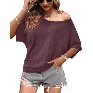 WNEEDU T-shirt Dames Zomer Off Shoulder Tops Ronde Hals Korte Mouw Basic Top Lang Shirt Los Casual 2025