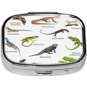 Mini vierkante pillendoos, medicijnorganizer, verschillende soorten hagedis, draagbare EHBO-doos, reispillendoos met 2 vakken, kleine pillendoos voor zak of portemonnee