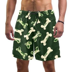 Heren Board Shorts, Aquarel Groene Bones Honden Poot Sneldrogende Badmode Strand Vakantie Party Bermuda Zwemmen Grote Broek, Aquarel Green Bones Honden Paw, XXL