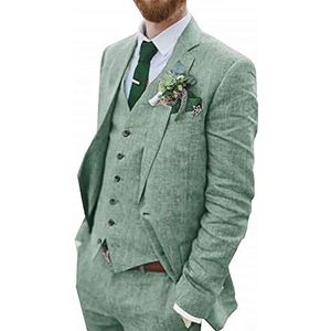 Retro blauw linnen pak for mannen casual bruiloft pak for mannen SEERSUCKER pak slim fit 3 stuks jas blazer bruidegom smoking (Kleur : Light Green, Maat : 52)