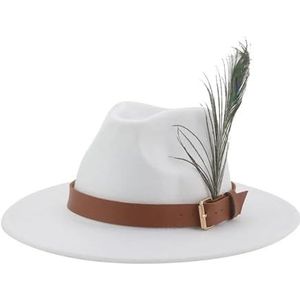 YRHUGHB Hoed Fedoras hoeden voor vrouwen vilten accessoires heren vilten hoed riem veer vintage mode luxe veer fedora (kleur: wit, maat: 52-54 cm)