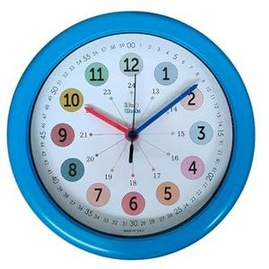 Educatieve wandklok voor kinderen, om de tijd te leren, kleurrijk en stil, diameter 23 cm, behuizing van kunststof, mineraalglas (blauwe ring)