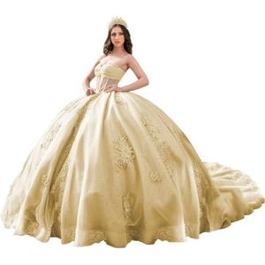 Fuomomo Quinceanera Prinsessenjurk met ruches en staart Quinceanera jurk van tule met parels schattige jurk 16 MT052, Champagne, 38