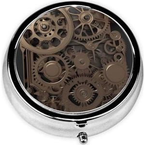 Steampunk Mechanische tandwielen Print Ronde Pillendoos 3 Compartimenten Draagbare Mini Pil Case Metalen Pil Organizer Pil Container voor Pocket Purse Kantoor Reizen