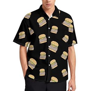 Funny Cat Hamburger heren T-shirt met korte mouwen casual button down zomer strand top met zak