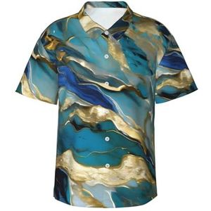 Azuriet Teal en Folie Goud Olie Marmer Patroon Print Leuke Hawaiiaanse Shirt voor Mannen Casual Korte Mouw Button Down Shirts Zomer Vakanties, Zwart, S