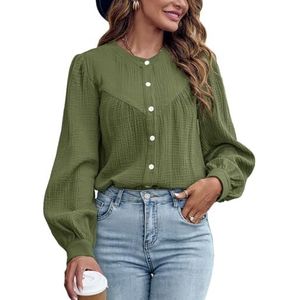 2024 Damesmode Effen Kleur Shirt Met Lange Mouwen Klassieke Ronde Hals Single Breasted Shirt Losse Casual Blouse Tops (Color : Military green, Size : L)
