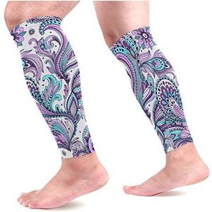 EZIOLY Paarse blauwe bloemen sport kalf compressie mouwen been compressie sokken kalf guard voor hardlopen, fietsen, moederschap, reizen, verpleegkundigen