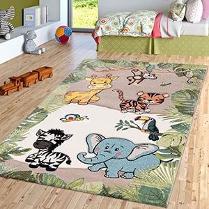 TT Home Vloerkleed voor in de kinderkamer kinderkamer jungledieren giraf leeuw aap zebra beige/crème, Maat:200x290 cm