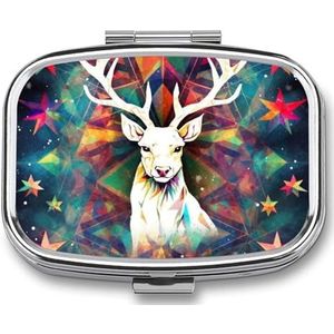 Vierkante pillendoos draagbare metalen pillenetui 2 compartimenten kleine reizen pillenorganisator schattige kleurrijke driehoeken rendieren en sneeuwvlokken vitaminen houder organisator voor