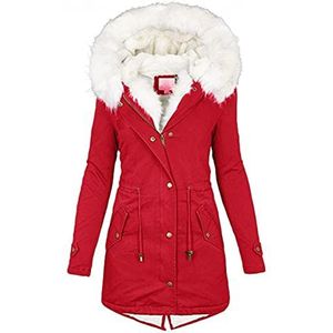 Dames Winterjassen Dikke Fleece Gevoerde Warme Hooded Parka Jassen Zip Up Bovenkleding Met Fuffly Capuchon Plus Size S-5XL KaloryWee, B-rood, XXL