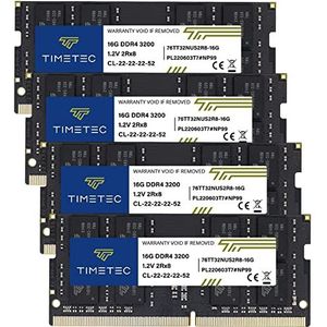 Timetec 64 GB KIT(4 x 16 GB) DDR4 3200 MHz (of 2933 MHz of 2666 MHz) PC4-25600 Niet-ECC Niet-gebufferd 1.2V CL22 2Rx8 Dual Rank 260 Pin SODIMM Laptop Notebook PC Computer Geheugen RAM-module Upgrade