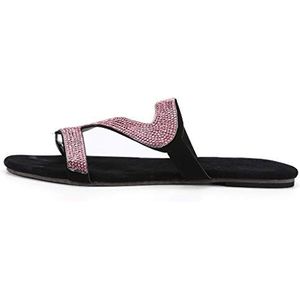 LDOZ Zomerse modieuze sandalen met strass steentjes voor dames, comfortabele platte sandalen met één lijn voor op straat, winkelen en daten(Pink,10)