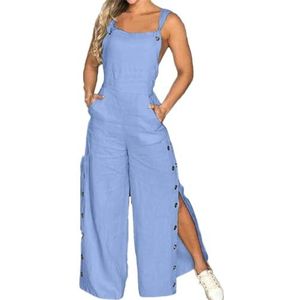 Tdvcpmkk Jumpsuit voor dames, wijde pijpen, mouwloos, taille, cargobroek, split-knoop, jumpsuit, Blauw, M