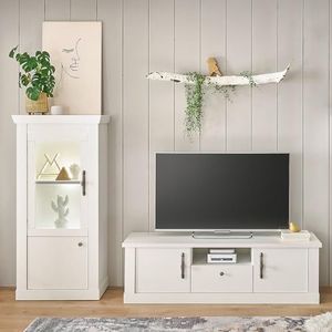 Woonwand woonmeubelset, pijnboom wit, 2-delig, landhuisstijl, vitrine, lowboard, incl. LED-verlichting