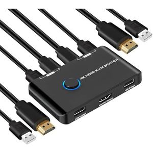4K @60Hz HDMI 2-poorts KVM-schakelaar, USB KVM-switch voor het aansluiten van 2 pc's op 1 scherm & 2 USB2.0-apparaten, met 2 USB-kabels en 2 HDMI-kabels