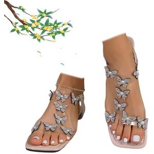 Xytraiihw Dames platte sandalen met strass steentjes, elegante casual strandschoenen vlindersluiting en elastische band open teen Romeinse schoenen slingback voor bruiloft gala feest,Goud,36 EU