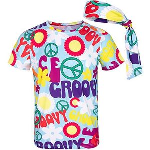 COSAVOROCK Heren jaren 60 70 Groovy hippie kostuum T-shirts met hoofdbanden (3XL, Peace)