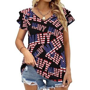 USA Navy Flag Dames Casual Tuniek Tops Ruches Korte Mouw T-shirts V-hals Blouse Tee