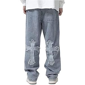 Heren Hip Hop Baggy Jeans Destroyed Jeans Wijde Pijpen Skater Jeans Y2K Denim Broek Heren Vintage Jeans Streetwear(3XL)