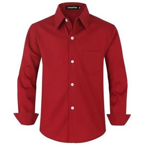 Spring&Gege overhemd met lange mouwen en knoopsluiting voor jongens, uniformshirt voor kinderen van 3-14 jaar, Bordeaux, 13-14 jaar