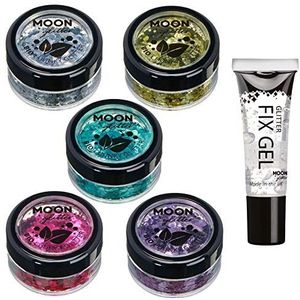 Moon Glitter Biologisch afbreekbare Eco Glitter - 100% cosmetische biologische glitter voor gezicht, lichaam, nagels, haar en lippen - set van 5 à 3 g - plus glitter fixatiegel