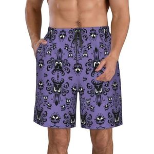 Roze Flamingo's Print Heren Zwemmen Shorts Trunks Mannen Sneldrogend Ademend Strand Surfen Zwembroek met Zakken, Horrorpatroon op paarse achtergrond, XXL