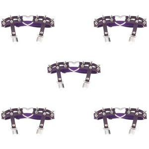 5 Set van 1x Vrouwen Lederen Dubbele Riem Hart Kousenband Elastische Klinknagel Stud Been Jarretelgordel, Paars