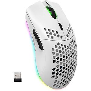 Draadloze Gamingmuis, 2,4G Lichtgewicht Honingraatschaal Ergonomische RGB-Muizen met 750mAh Oplaadbare Batterij, Energiebesparing, 6 Knoppen en Mini-USB-Ontvanger voor Windows, Mac OS, Laptop, Smart TV(Wit)