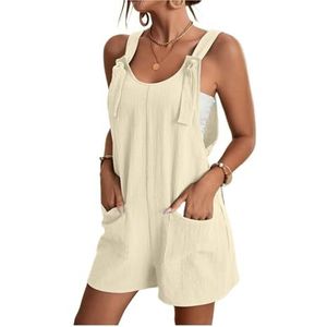 Plus Size Jumpsuit uit één stuk Gestreepte jumpsuit for dames Print Mouwloze rompertjes Verstelbare losse overall met zakken(Color:Milky White,Size:L)