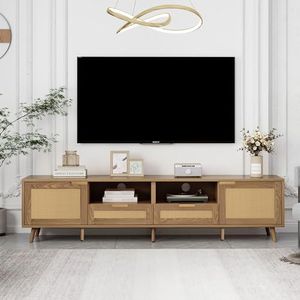 Idemon Tv-consoletafel, 200 x 37 x 49 cm, tv-kast met echt rotandesign, tv-kast met massieve houten poten, gevlochten rotan tv-boards