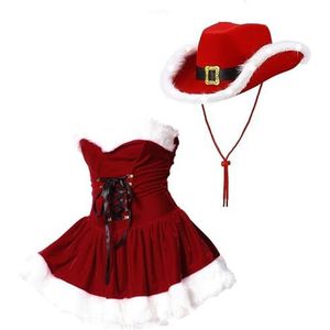 SXHEYUY Sexy damesjurk, kerstmankostuum van fluweel met hoed, rode mini-jurk voor discofeest of verjaardag, rood2, XL